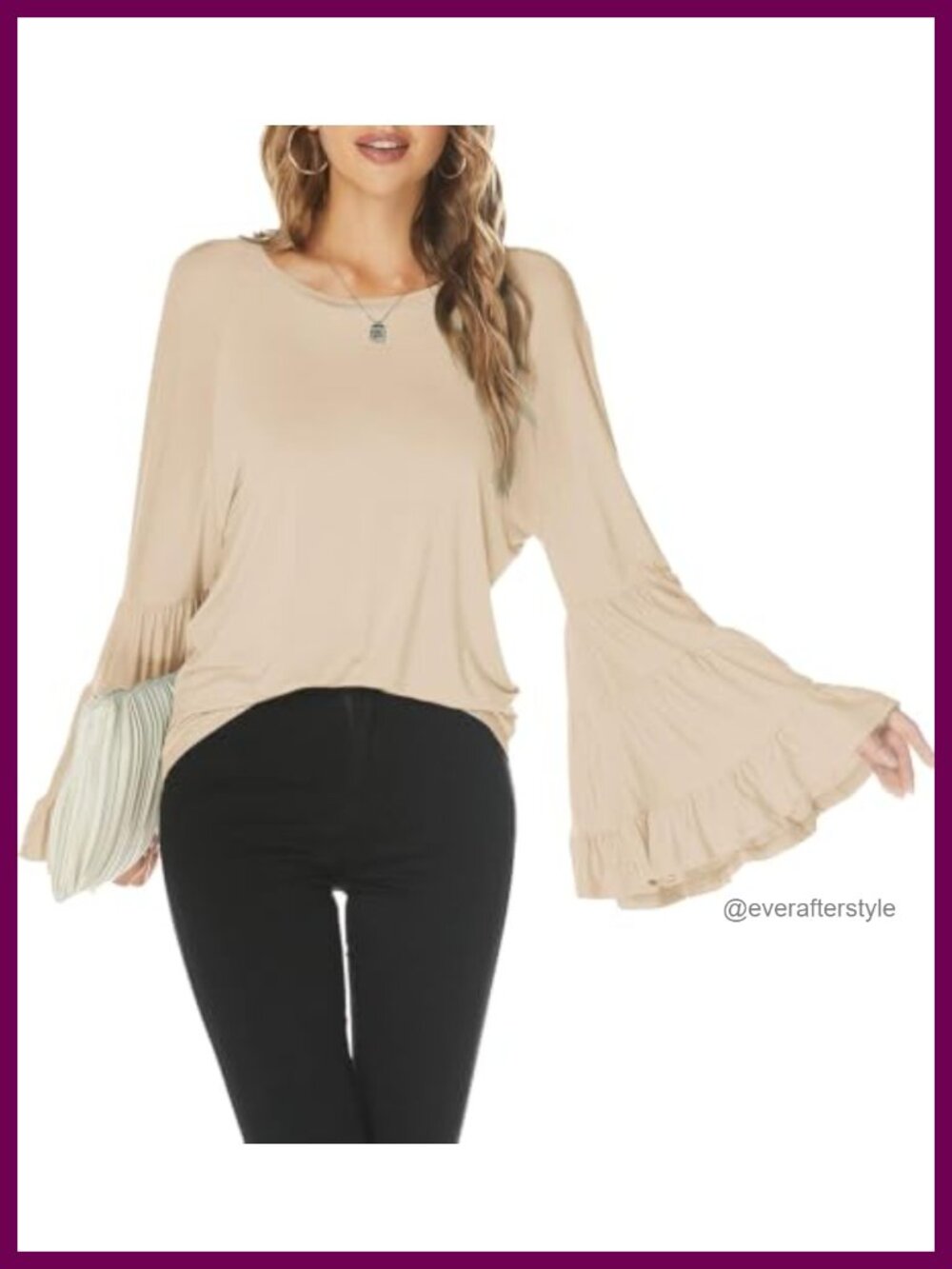 Hount Women's Long Bell Sleeve Top Loose Crew Neck Flare Sleeve Blouse